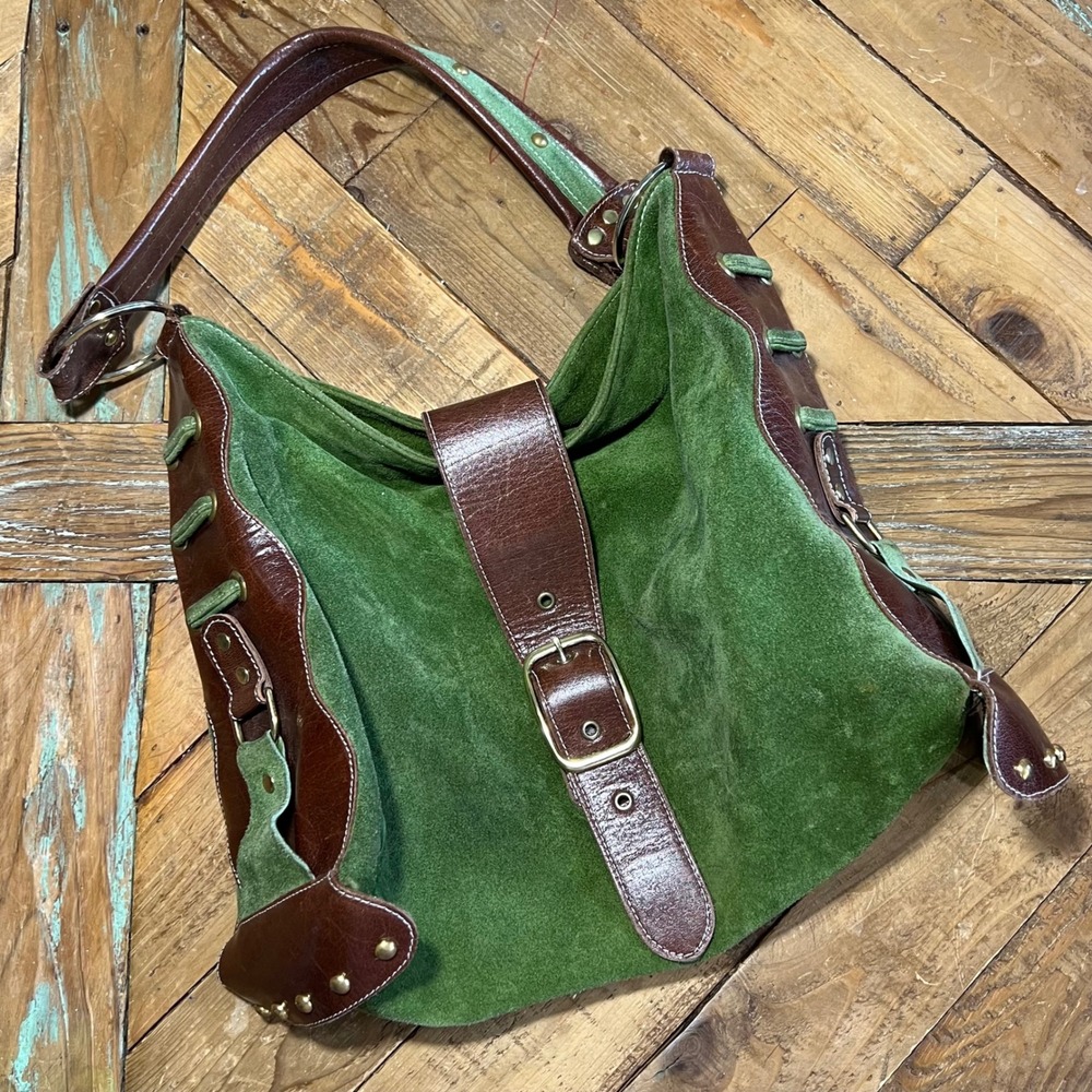 Kiki Pearl Suede Leather Shoulder Bag Green Brown Boho Chic Purse